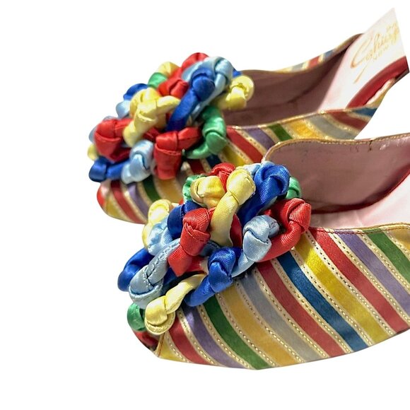 Vintage Schiaparelli Rainbow Satin Heels –1950s 60s Mules with Ribbon Rosette, - Picture 12 of 16